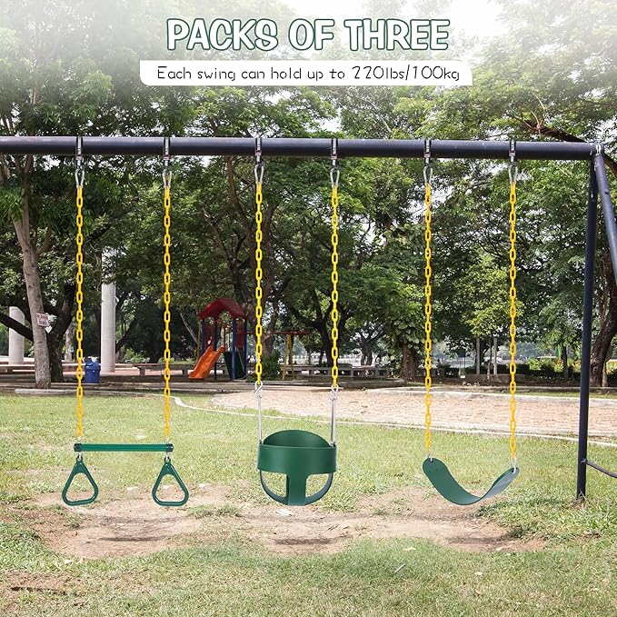 RedSwing Trapeze Swings Bar with Rings, Belt Swing Seat and Bucket Swings Combo Pack (Triangle and Chain Dip) for Kids Outdoor with 57-86" Rope,High Back Toddler Bucket Seat, Green
