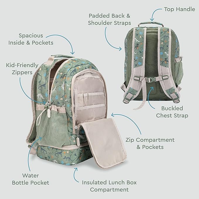 Bentgo Kids 2-in-1 Backpack & Insulated Lunch Bag - Durable 16” Backpack & Lunch Container in Unique Prints for School & Travel - Water Resistant, Padded & Large Compartments (Dino Fossils)