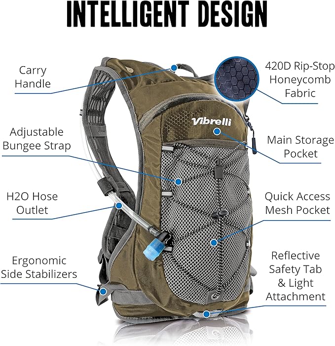 Vibrelli Hydration Backpack & 2L Hydration Bladder - High Flow Bite Valve - Hydration Pack for Cycling, Running, Hiking