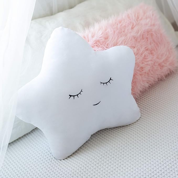 Perfectto Design Set of 2 Decorative Pillows, Toddler Room. Star Fluffy White Embroidered and Furry Pink Faux Fur Soft and Plush Girls Pillows – Throw Pillows for Kid’s Bedroom Décor