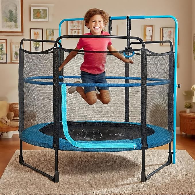 Skywalker Trampolines for Kids with Enclosure Net – 60" Indoor Outdoor Toddler Trampoline with Safety Padding, Foam-Covered Poles, Anti-Pinch Design, Sturdy Frame, for Ages 3-6