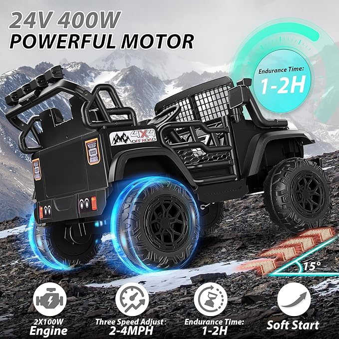 Hikole 24V 2 Seater Electric Ride on Toys Car for Kids 4-8, Remote Control, 2X200W Powered Wheels, 20'' Wide Seats, Sping Suspension, Bluetooth & Music, 110LBS MAX Load, LED Lights, 3 Speeds, Black