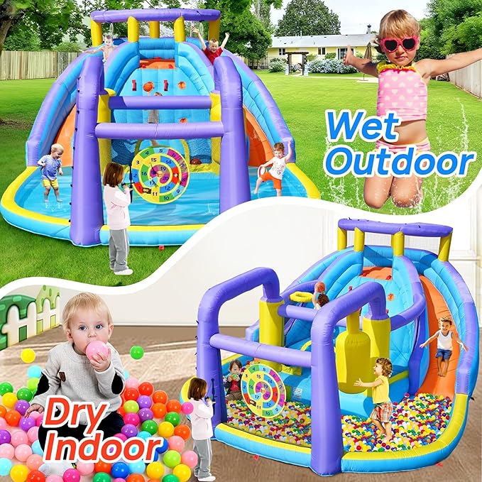 Inflatable Bounce House Water Slide Combo, Blow Up Water Slides for Backyard, Kids Jumper with Climbing Wall, Basketball Hoop, Splash Pool with Blower (Double Water Slide)