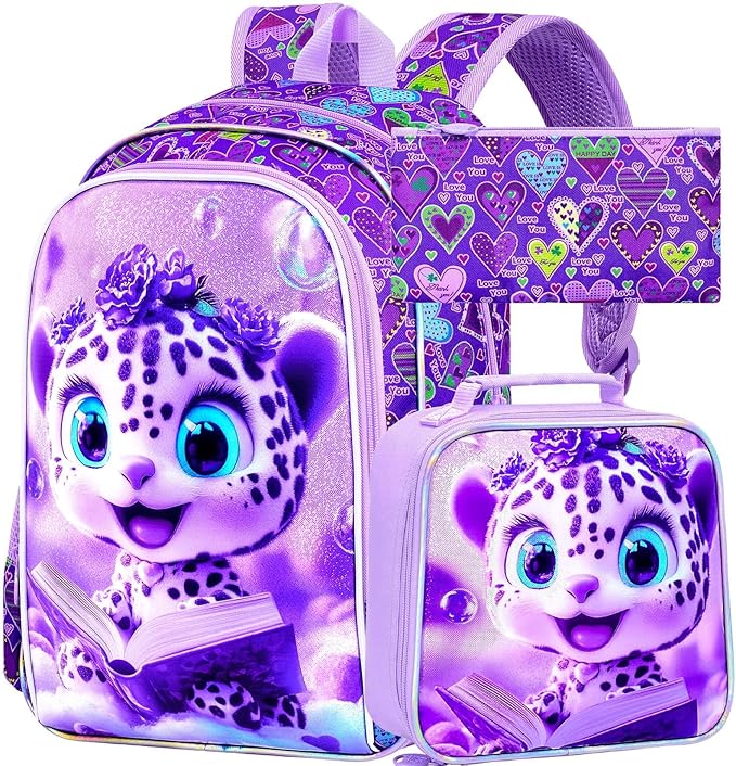 CCJPX 16" Leopard Backpack for Girls, 3Pcs Kids Bookbag with Lunch Box, Water Resistant Elementary School Bag for Kindergarten Preschool Toddler (Purple)