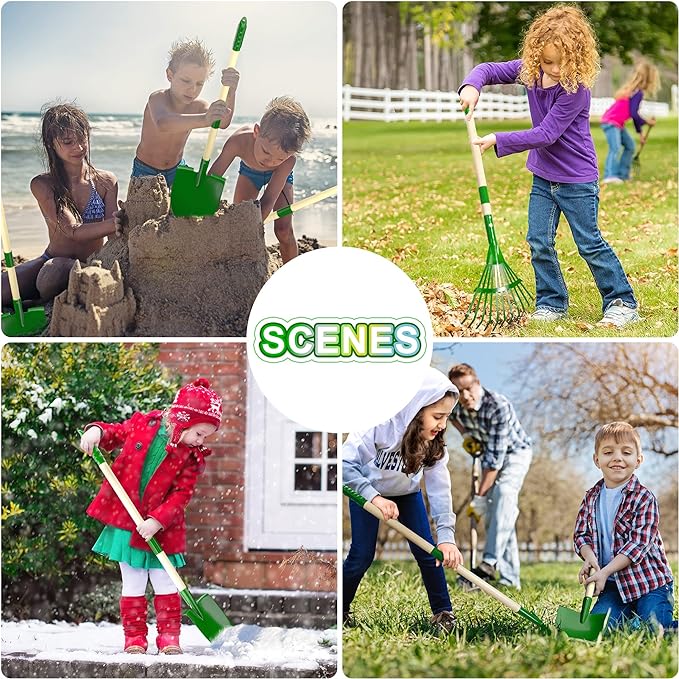 Duckura Kids Gardening Tools Set - 7pcs Wheelbarrow Set for Kids with Shovel, Rake, Leaf Rake, Summer Outdoor Yard Digging Weed Toys, Halloween Birthday Gifts for Boys Girls Age 2 3+ Years Old(Green)