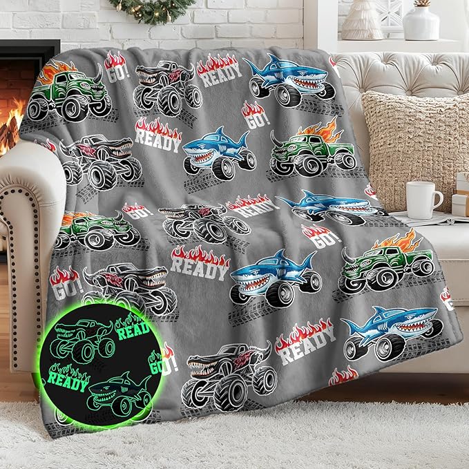 Monster Cars Gifts for Boys Girls - Trucks Glow in The Dark Blanket Toys for Birthday Christmas Valentines Easter Presents for Kids Toddler Age 2 3 4 5 6 7 8 9 10 11 12 13 Years Old Soft Throw 50"x60"