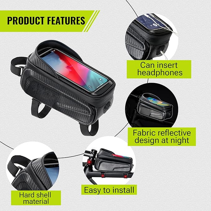 Waterproof Bike Bag Phone Front Frame Bag, Bicycle Accessories Pouch, EVA Bike Phone Holder Top Tube Bag Handlebar Bags, with 2 Reflective Tapes, Compatible Phones Under 7''