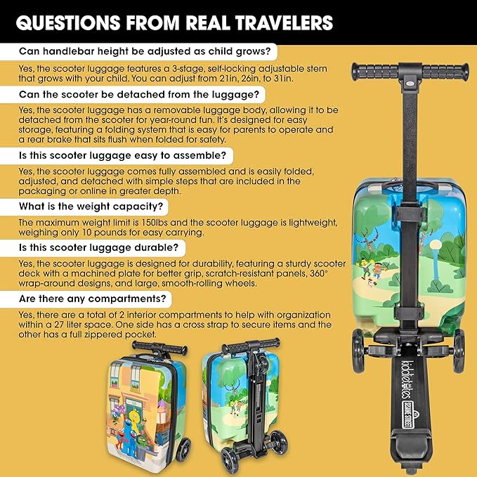 KIDDIETOTES Sesame Street 4-in-1 Detachable Scooter Luggage for Kids – Ride-On Suitcase with Removable Luggage Body, Adjustable Handlebar, Durable Deck & Brake – Carry-On Travel Bag