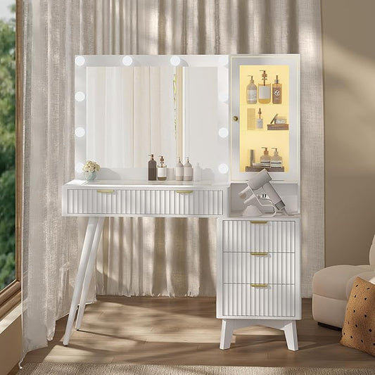 Makeup Vanity Desk with Mirror and Lights, 45" Fluted Wood Vanity Desk with Glass Top, 5 Drawers & RGB Glass Cabinet, Power Outlet, Mid Century Modern Dressing Table Set for Women Girls Bedroom
