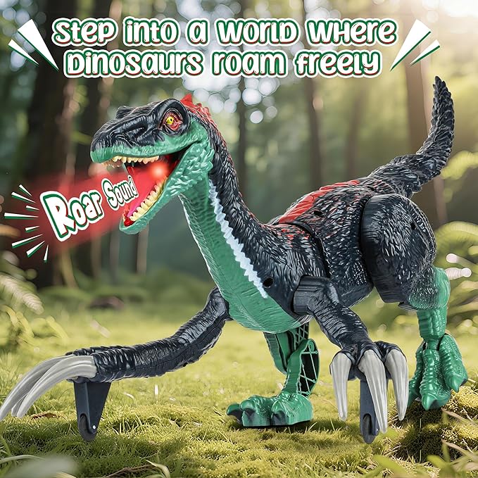 Remote Control Dinosaur Toys for Kids - Big Electronic RC Walking Realistic Dinosaur Toys with Spray & Light & Roar, Jurassic Velociraptor Toy Christmas Birthday Gift for Boys and Girls 3-12 (Green)