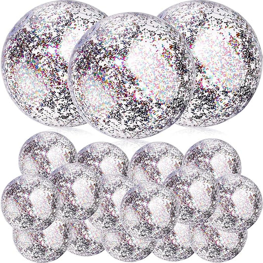 Chivao 18 Pcs Sequins Beach Ball 24 Inch 16 Inch Clear Inflatable Glitter Summer Swimming Pool Balls Wedding Outdoor Floatable Decor Confetti Decor for Beach Party(Multi Color)