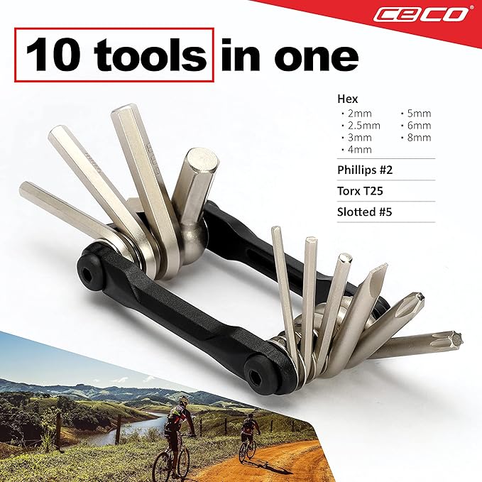CECO-USA 10 Function Bike Tool – Bicycle Multi tool – Heavy Duty, Compact Pocket Sized, Lightweight – High Strength CR-V 6150 Tool Steel – Easy To Carry