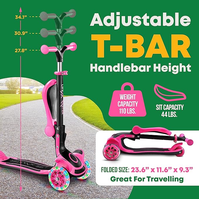 Kids Scooter – Foldable Seat – LED Wheel Lights Illuminate When Rolling – Children and Toddler 3 Wheel Kick Scooter – Adjustable Handlebar – Indoor and Outdoor- by Lifemaster