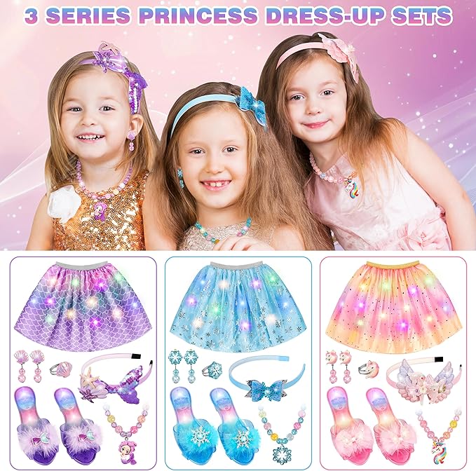 Princess Dress Up for Girls, Toddler Toys for Ages 3-8, 3 PCS Light Up Toddler Dress Up Clothes with Accessories, Kids Toys for 3 4 5 6 7 8 years Girl Christmas Halloween Birthday Gift