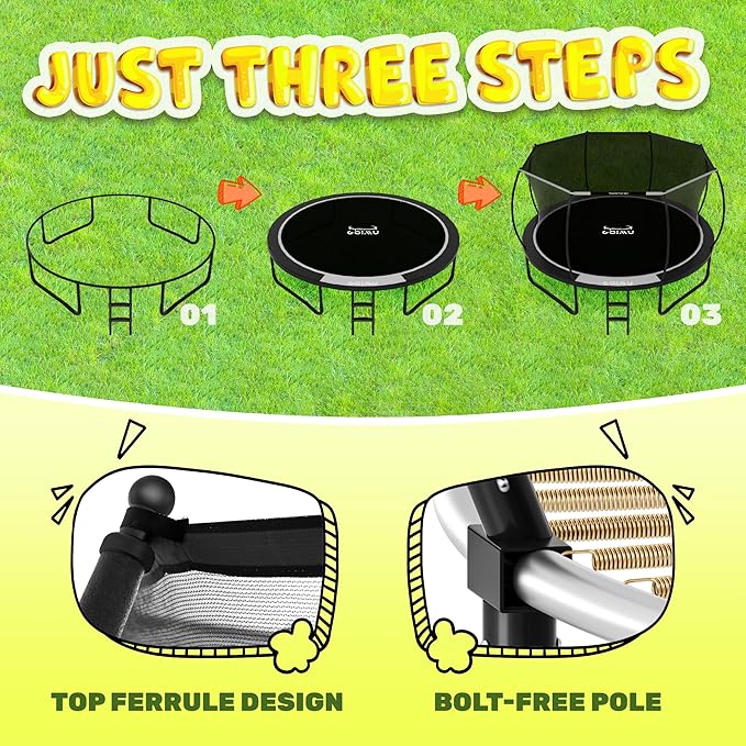 10FT 12FT 14FT 16FTOutdoor Recreational Trampoline with Enclosure Net, Bolt-Free Design Yard Trampoline with Wide Ladder and AntiRust Coating, 2 in 1 Connector for Kids Adults, ASTM Approval