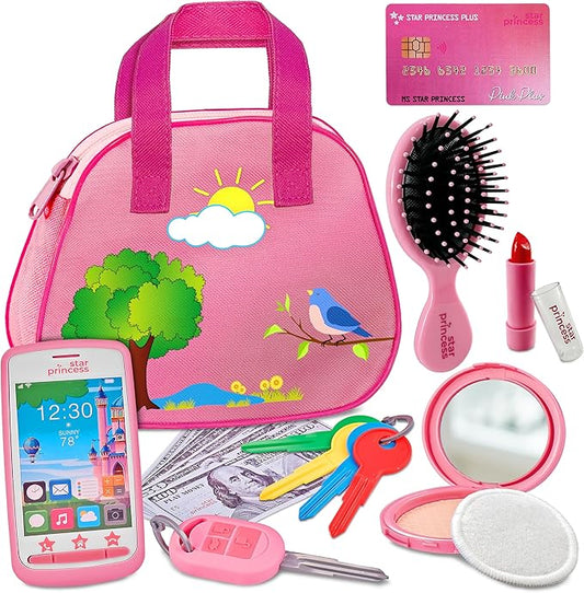 Toddler Play Purse for Kids with Accessories, Toys for Girls with Pretend Makeup, Keys, Smartphone, Dress Up Toy Purse for Toddlers and Kids - Birthday Gift for Little Toddler Girls Ages 3 4 5 6, Pink
