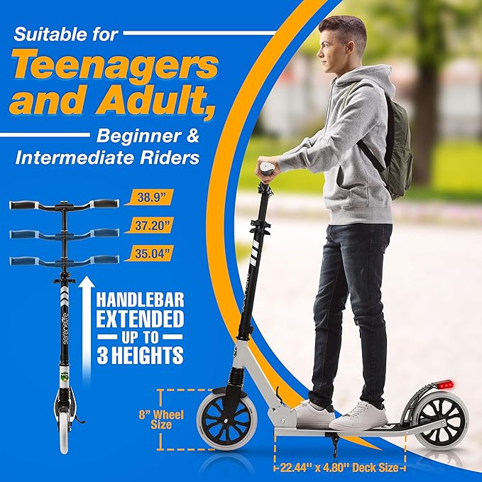 SereneLife Kick Scooter Adult Teenagers Kids- 2 Wheel Kids Scooter with Adjustable T-Bar Handlebar - Alloy Anti-Slip Deck - Portable Folding Scooters for Kids with Carrying Strap