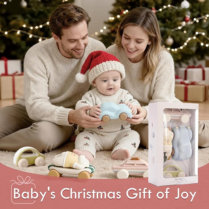 Moonkie Food Grade Silicone Toy Cars for Toddlers 1-3, Push and Go Baby Car Toys 6-12 Months+, One-Piece Design Infant Toys, Birthday Gifts for 1 Year Old Boy Girl, Easy to Clean & Grasp, 5 Pack