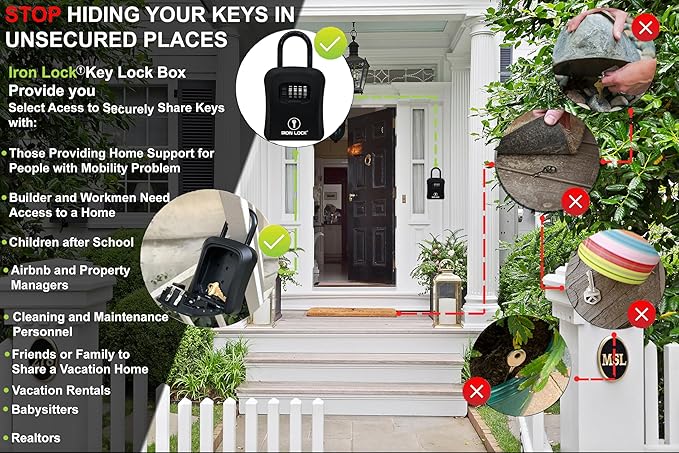 Iron Lock® Portable Key Lock Box and Wall Mounted with Removable Shackle Indoor Outdoor Waterproof 4 Digit Combination with Resettable Code with A B Switch Key Lockbox for Outside (Medium, Black)