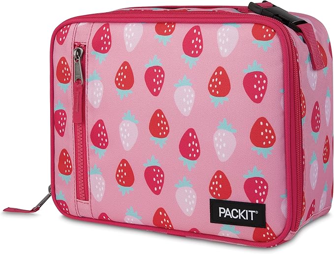 PackIt Freezable Classic Lunch Box, Sweet Strawberry, Built with ECOFREEZE Technology, Collapsible, Reusable, Zip Closure With Zip Front Pocket and Buckle Handle, Designed for Fresh Lunch On the Go
