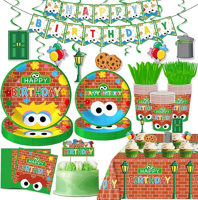 147PCS Cookie Party Supplies for Baby Birthday Party Street Themed Tableware Set Napkin Cups Forks Knives for 20 Guests