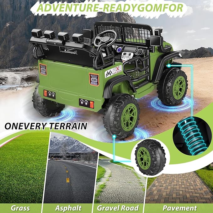 Hikole 24V 2 Seater Electric Ride on Toys Car for Kids 4-8, Remote Control, 2X200W Powered Wheels, 20'' Wide Seats, Sping Suspension, Bluetooth & Music, 110LBS MAX Load, LED Lights, 3 Speeds, Green