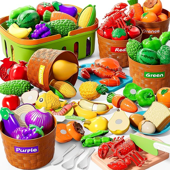 Play Food Set for Kids, Toddler Learning Toys, Cutting Food Toy Color Sorting Set, Pretend Food Play Kitchen Accessories for Kids, Birthday Gifts for 3-8 Years old Boys Girls Educational Toys