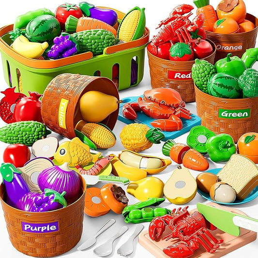 Play Food Set for Kids, Toddler Learning Toys, Cutting Food Toy Color Sorting Set, Pretend Food Play Kitchen Accessories for Kids, Birthday Gifts for 3-8 Years old Boys Girls Educational Toys