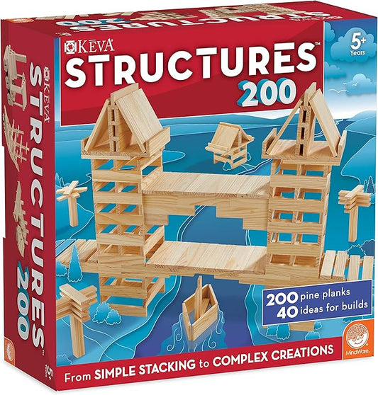 KEVA Structures 200 Wood Building Planks Set - Building Toy Includes 200 Wooden Blocks and Idea Book - Ages 5 and Up