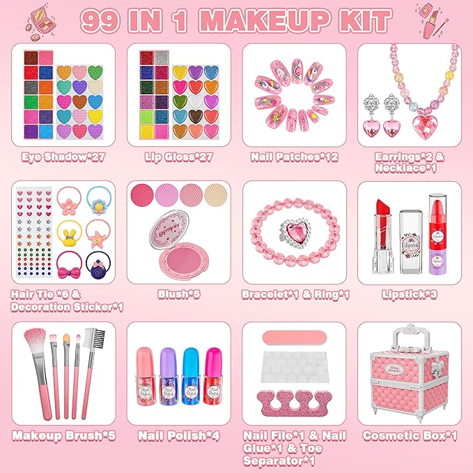 99 Pcs Kids Makeup Kit for Girls, Princess Toys Real Washable Cosmetics Set with Mirror, Hair Ties, Nails, Rings, Earrings, Necklace, Perfect for 3 4 5 6 7 8 Year Old Girls Birthday