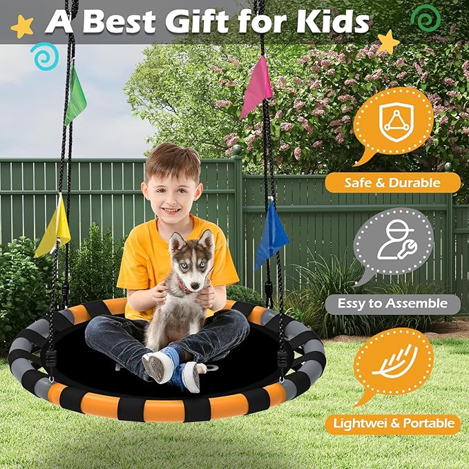 Saucer Swing, 24 Inch Swing Sets for Backyard and Outdoor Playground, 900lbs Weight Capacity, with 360 Degree Swivel, Gifts for Kids, Grey and Orange