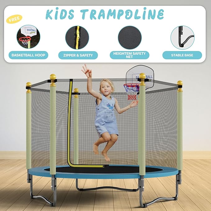 60" Trampoline for Kids, Indoor & Outdoor Trampoline with Net, Basketball Hoop Birthday Gifts for Boys & Girls, Baby Toddler Christmas Toys/Green