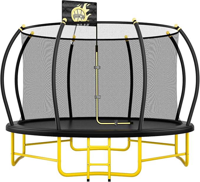 16FT Pumpkin Trampoline for Kids Adults, ASTM Approved Outdoor Recreational Trampoline with Basketball Hoop, Enclosure Net, Yellow