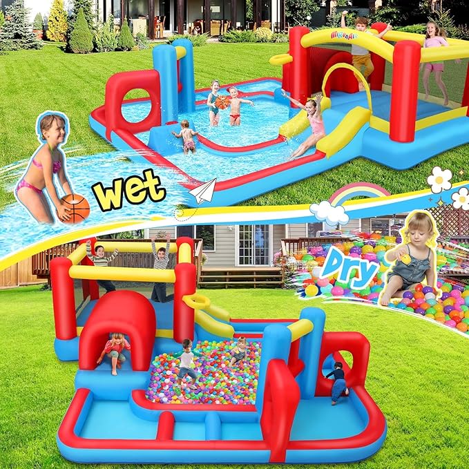 AKEYDIY Bounce House for Kids 3-10,Tunnel Obstacle, Dual Slides- Inflatable Obstacle Course Bounce House,Adventure Maze Inflatable Water Slides Park for Kids Indoor Backyard