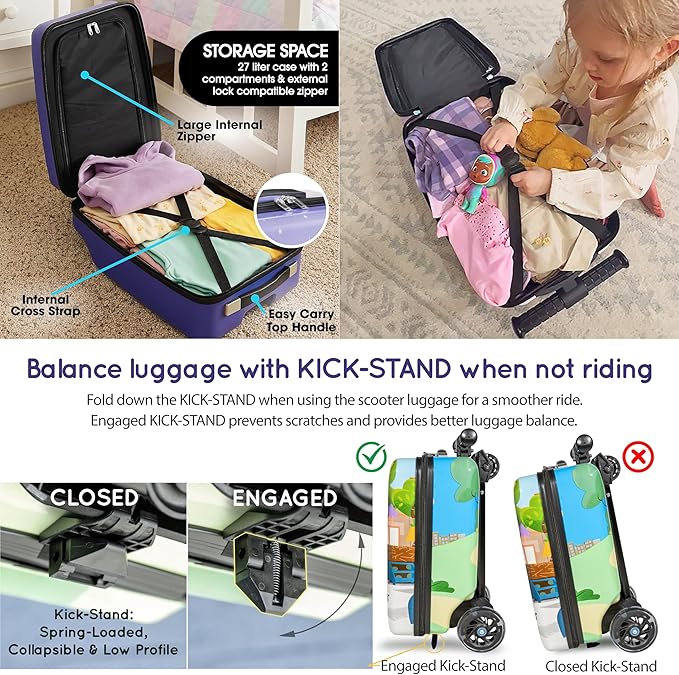 KIDDIETOTES Sesame Street 4-in-1 Detachable Scooter Luggage for Kids – Ride-On Suitcase with Removable Luggage Body, Adjustable Handlebar, Durable Deck & Brake – Carry-On Travel Bag