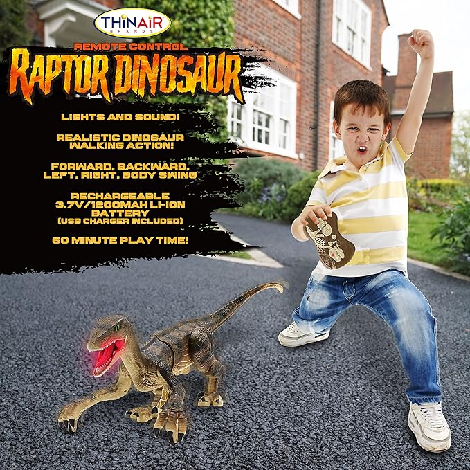 RC Dinosaur Toy: 18-Inch Velociraptor Lights Up, Roars, Walks Forward, Back, Left & Right, Has Built-in Rechargeable Battery for 1 Full Hour of Play, Includes Controller & USB Cable