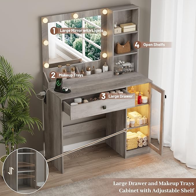 Makeup Vanity with Mirror and Lights & Power Outlet, 34'' Small Vanity Desk with Drawers and Storage Cabinet & Makeup Tray, Dressing Table for Girls Bedroom Dressing Room, Grey