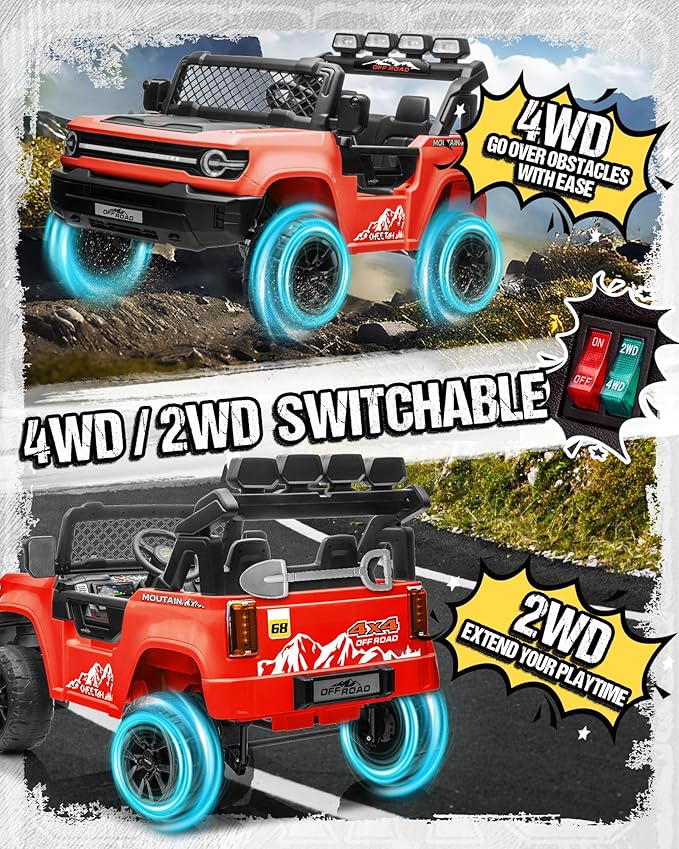 24V Ride on Toys for Big Kids, 2 Seater Electric Car w/22'' Large Seat, Remote Control, Shovel, 4X200W Engines, 4WD/2WD Switchable, Truck Bed Storage, Ride On Truck Toy for Boy Girl, Red