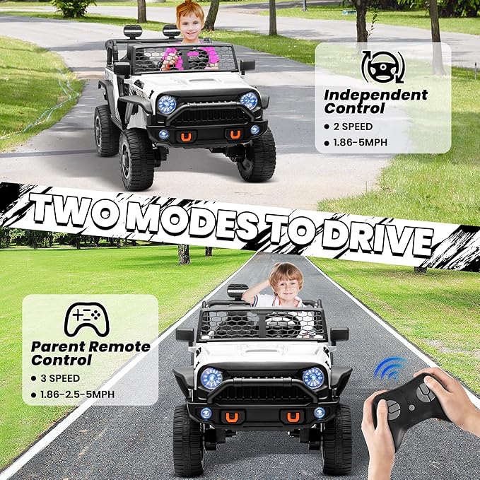 JOYRACER 24V 2 Seater Ride On Toys for Big Kids, 800W Power Truck Wheels with Remote Control, 4WD/2WD Switchable, 20" Spacious Seat, Soft Start, Bluetooth, Electric Car for Kids Ages 3-8, White