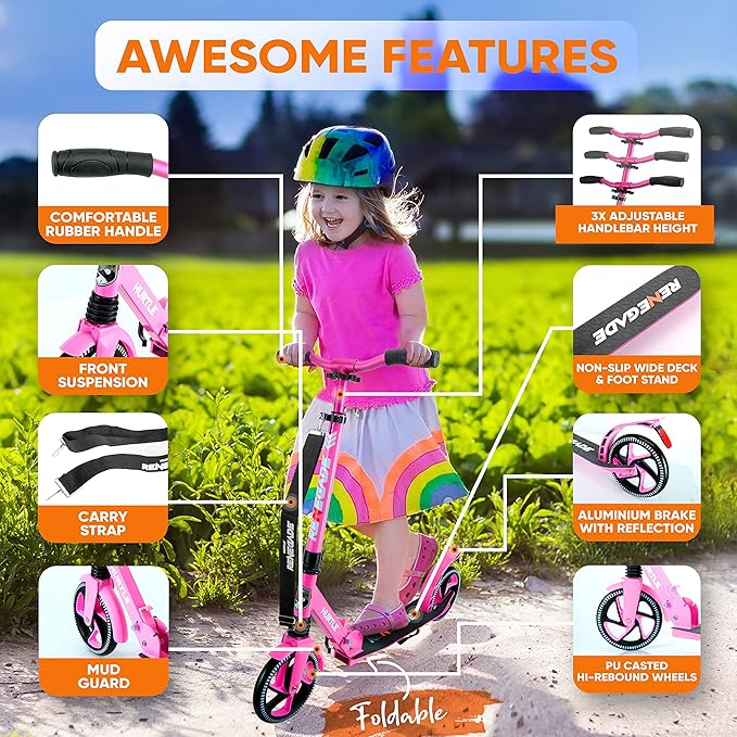 Hurtle Renegade Kick Scooter for Kids, Teenagers & Adults - 2-Wheel Folding Scooter with Adjustable T-Bar Handlebar - Alloy Anti-Slip Deck