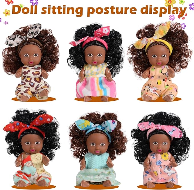 Adorable 6 Pack African Girl Dolls - Posable 4-Inch African American Dolls with Curly Hair & Stylish Outfits
