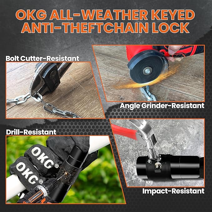 OKG Bike Chain Lock - 4 Foot, 1/4 inch Thick Square Cut Proof Chain, Hardened Alloy Steel Anti Theft Chain Lock for Bike, ATV, Scooter, Trailer, Moped, Grill, Gate Fence