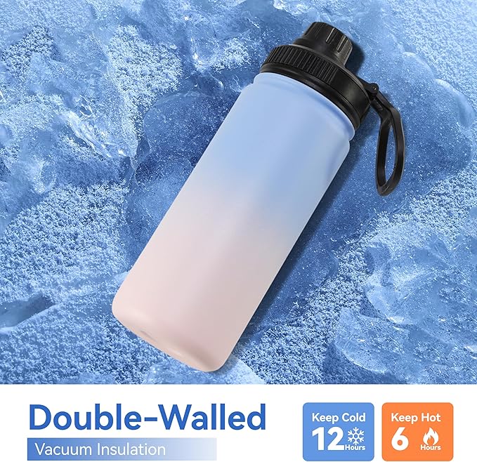 DOMICARE 16 oz Water Bottle for School Stainless Steel Double Wall Vacuum Insulated Water Bottle with Straw lids & Spout Lid, Leakproof BPA Free (Blue/Pink,4)