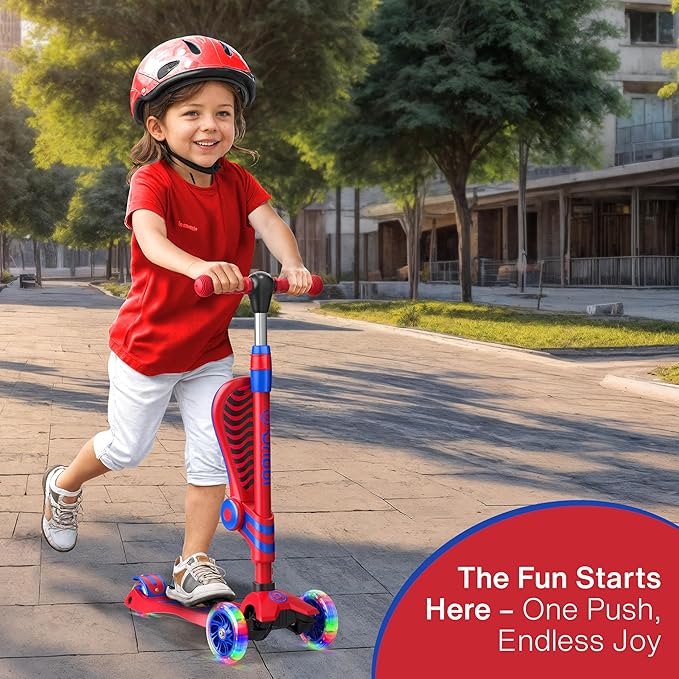 Red and Blue 3 Wheel Scooter with Seat for Kids – Light-Up LED Wheels, Adjustable Handlebar and Seat, Smooth PU Wheels, Wide Anti-Slip Deck, Rear Foot Brake – Toddler Outdoor Toys for Ages 2+