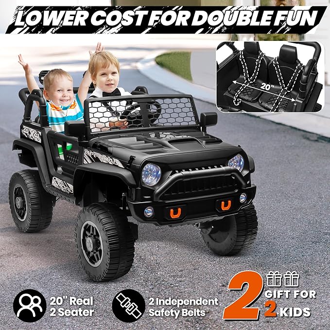 JOYRACER 24V 2 Seater Ride On Toys for Big Kids, 800W Power Truck Wheels with Remote Control, 4WD/2WD Switchable, 20" Spacious Seat, Soft Start, Bluetooth, Electric Car for Kids Ages 3-8, Black