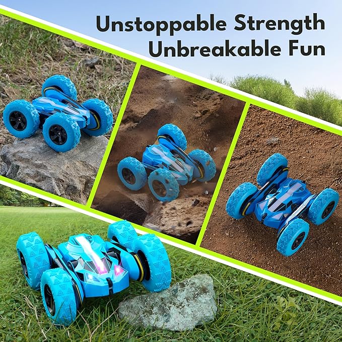 Threeking Remote Control Car RC Cars Toys for Boys Girls Ages 6-12, Upgraded USB-C Modular Batteries, 4WD Stunt Car with Breathing Soft Lights, Double-Sided Driving & 360° Flips, Presents Gifts, Blue