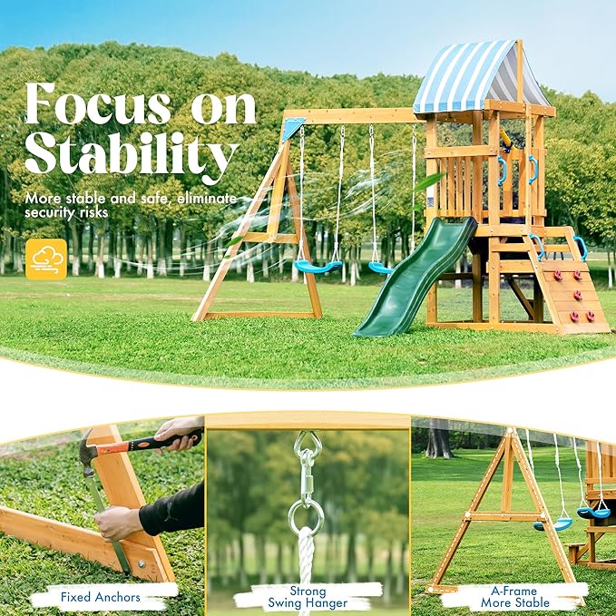 ROBUD Swing Sets for Backyard, Wooden Swing Set, All-in-One Kids Outdoor Play Equipment with Two Swings, Slide, Rock Climbing Wall, Blackboard, Telescope, Fort, Outdoor Playset for Kids & Toddlers