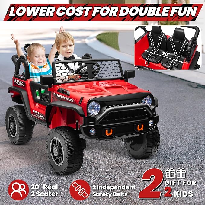 24V XL 2 Seater Ride On Toys Car for Big Kids, 4WD/2WD Switchable Electric Truck w/20'' Wide Seat, Remote Control, 4-Wheeler Suspension, Xmas & Birthday Gift Ideas for Kid Boys Girls, Red