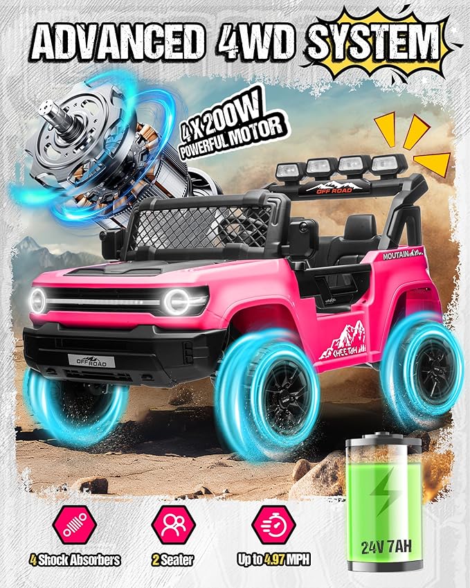 24V Ride on Toys for Big Kids, 2 Seater Electric Car w/22'' Large Seat, Remote Control, Shovel, 4X200W Engines, 4WD/2WD Switchable, Truck Bed Storage, Ride On Truck Toy for Boy Girl, Pink