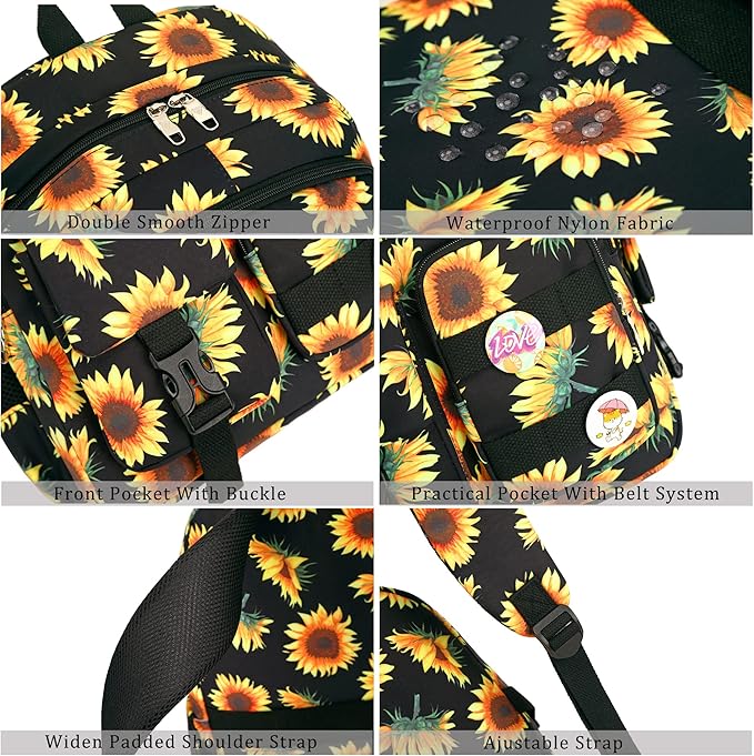 Hidds Laptop Backpacks 16 Inch School Bag College Backpack Anti Theft Travel Casual Daypack Bags Cute Bookbags Large Colorfull Carry on Back Pack for Teens Girls Women Students (Sun Flower Black)
